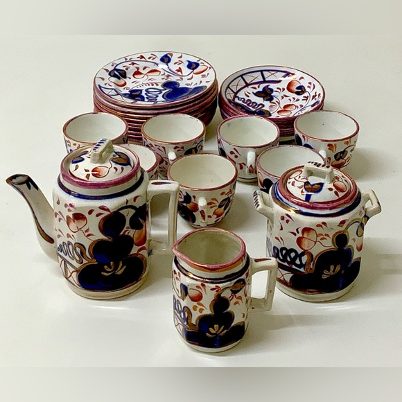 19th Century Vtg Gaudy Welsh Oyster Pattern 25 Piece Miniature Child’s Tea Set - Picture 12 of 16